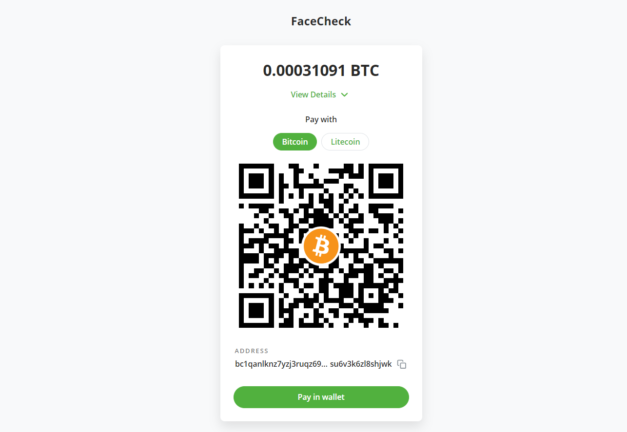 Facecheck ID crypto payment QR Code